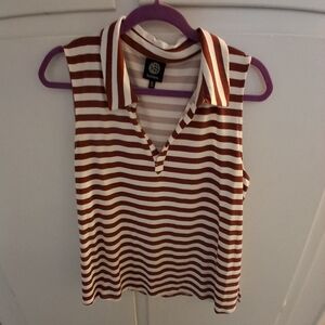 Bobeau Brown and White Striped Collared Top